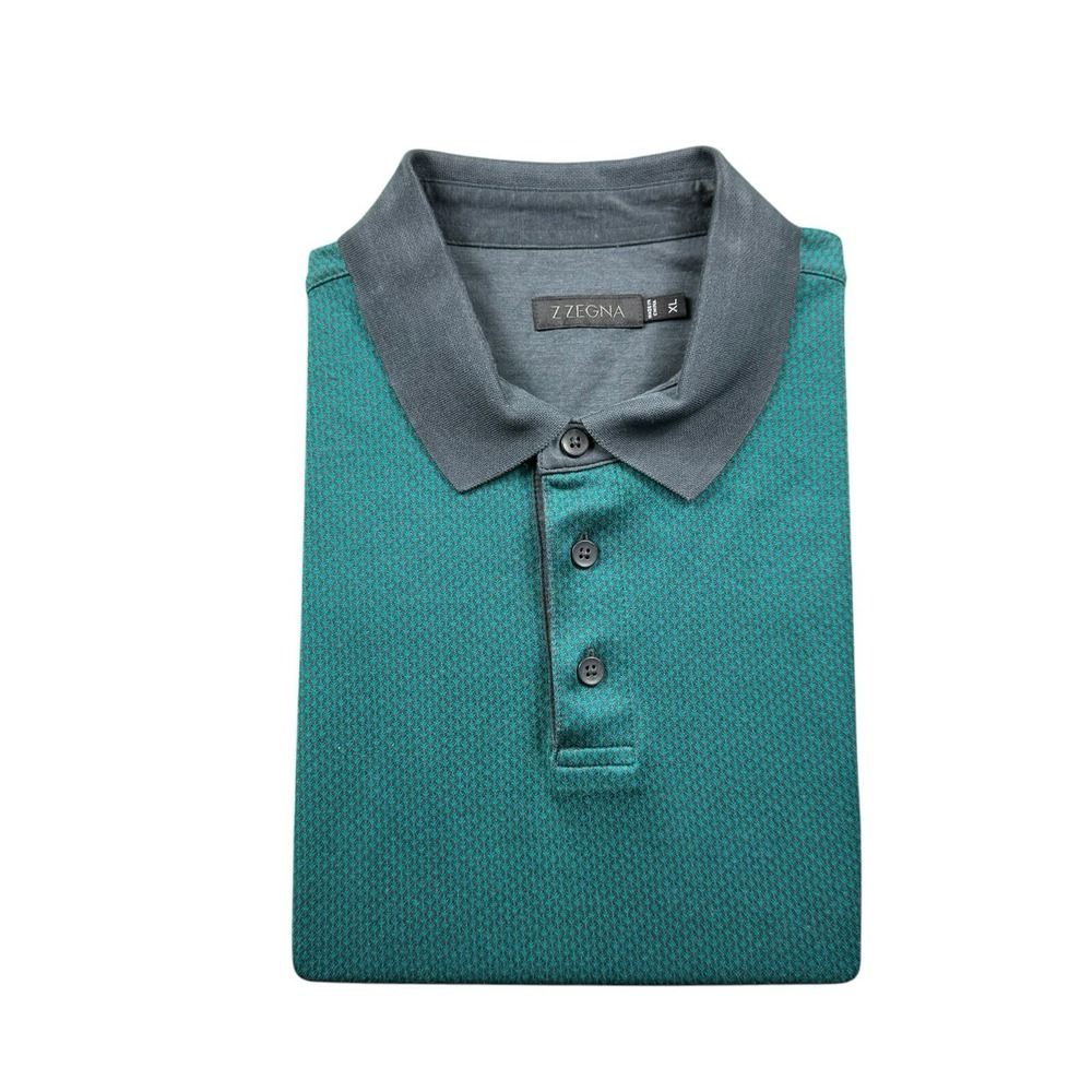 Z Zegna Green Gray Geometric Cotton Short Sleeve Polo Shirt Mens XL 5VG378 ZZ740